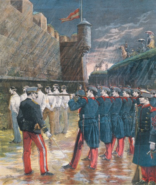 Execution by firing squad in the moats of the Castle of Montjuic, six anarchists participants in ?