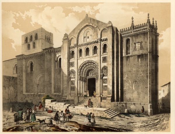 Cathedral of Zamora with villagers, life and traditional costumes of the time.
