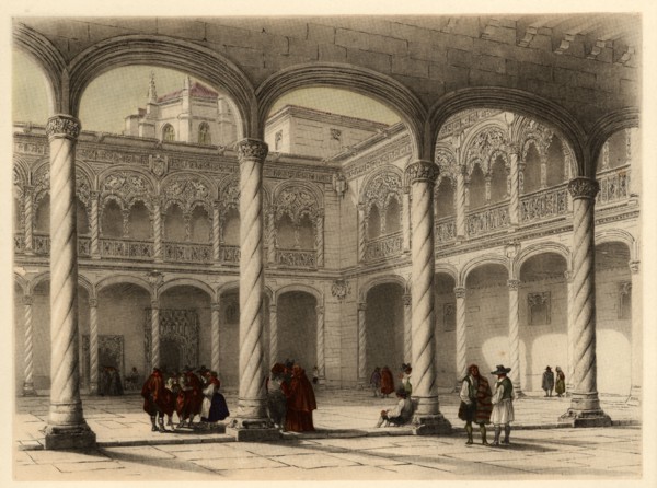 Cloister of the church of San Gregorio in Valladolid, with scene of life and traditional costumes?