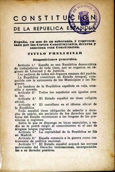 First page of the text of the Constitution of the Second Spanish Republic in 1931.