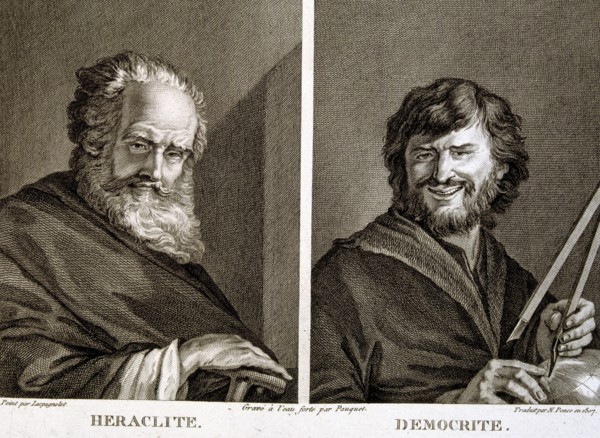 Engraving with Heraclitus 535-484 BC. and Democritus 460-370 BC., Greek philosophers.