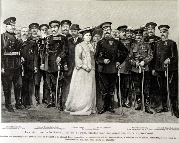 Victims of Serbian revolution on 11th of june, 1903,engraving of the Illustration, 1903 with Alex?