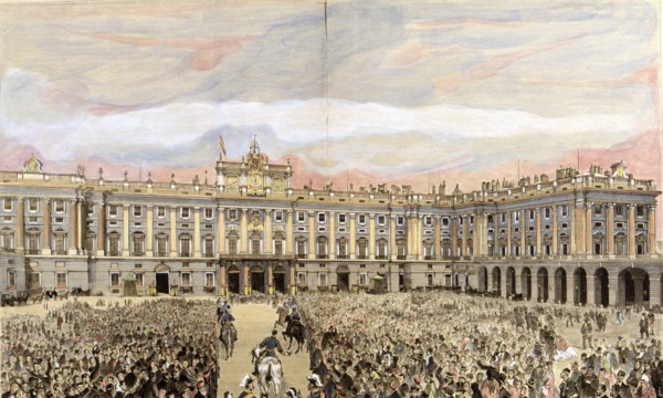 Check the king in the Royal Palace of Madrid', Alfonso XII, King of Spain (1857-1885), engraving ?