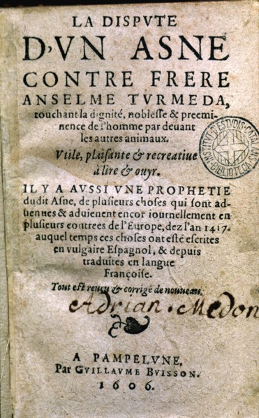 Cover of 'La Dispute d'un Asne contre frere Anselme Turmeda', printed edition in Pamplona (Navarr?