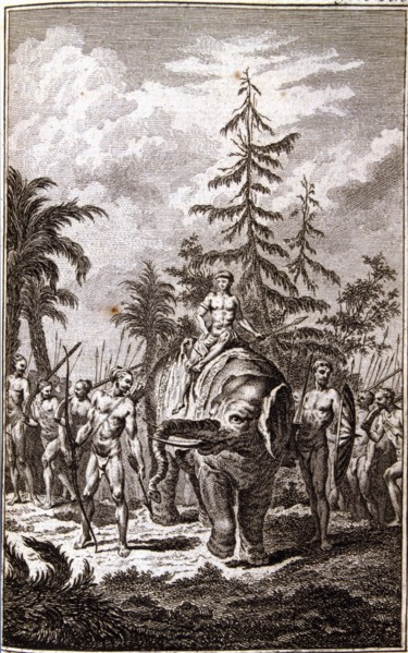 King of Cochin on his elephant accompanied by his court, engraving in the work 'Abrégé de l'histo?