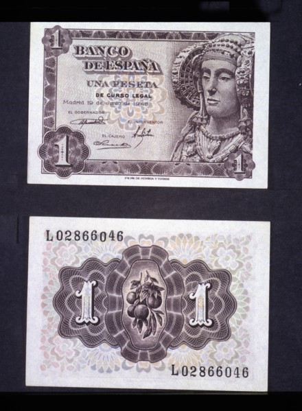 A one-peseta note, 1948, with the effigy of the Lady of Elche.