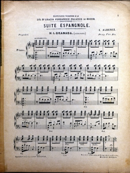 Page of the score 'Spanish Suite nº. 1 Granada' by Isaac Albéniz.