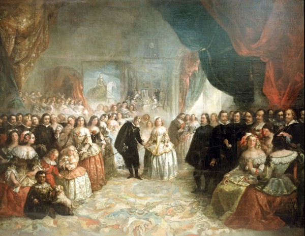 Philip IV, his court and the Meninas' detail, oil by Eugenio Lucas, 1858.