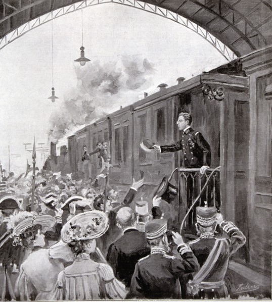 Engraving published in the magazine 'Spanish and American Ilustration' the 'Farewell to the King ?
