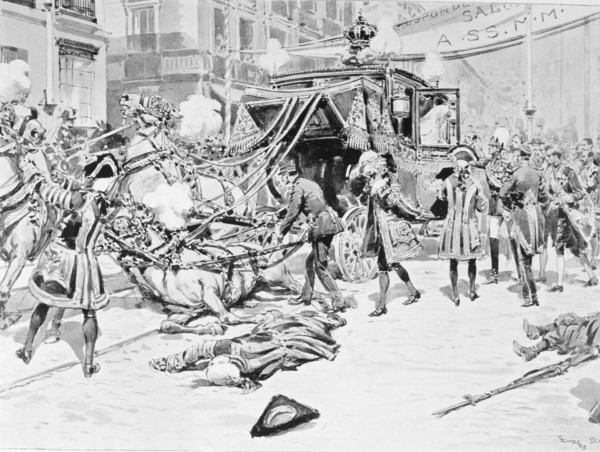 Attack against Alfonso XIII, King of Spain (1886-1941). the day of his wedding, engraving of L'Il?