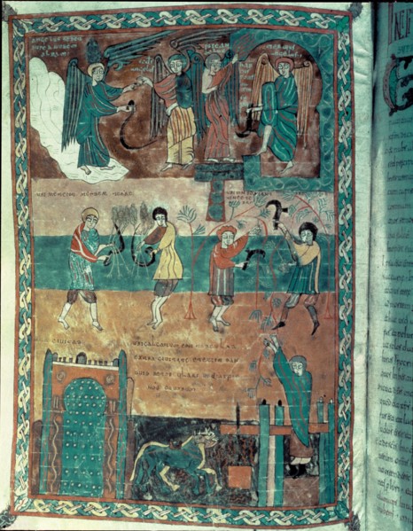 The harvest time and the grape harvest, Miniature in the 'Beatus of Valcavado (S. Beati of Lieban?