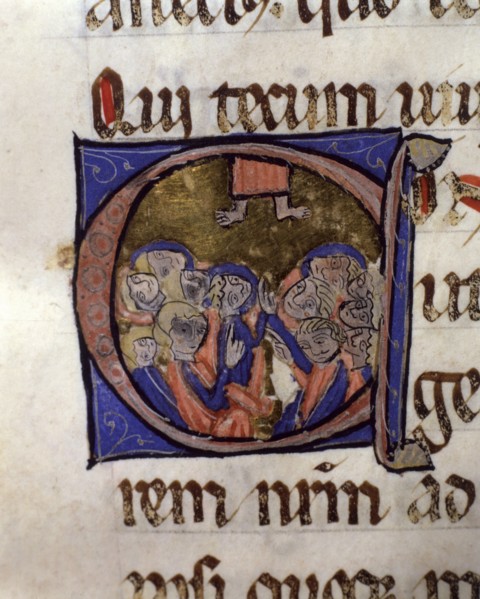 The Ascension of Jesus, illuminated capital letter from 'Episcopal Sacramentary of Elna'. Handwri?