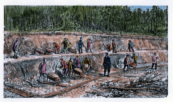 Disassembling works by Chinese workers during the construction of the Trans-Siberian Railway, eng?