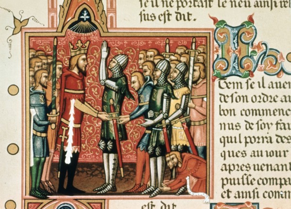 Roldan promising loyalty to Charlemagne, miniature in a page of the manuscript of the 14th century