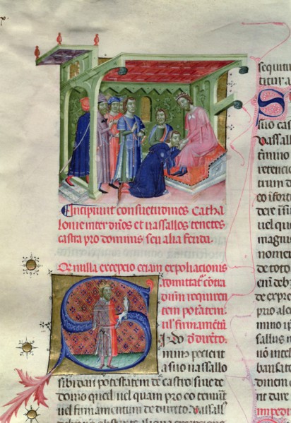 Tribute from the citizens of Barcelona to Count King or 'oath of vasallage' miniature in the 'Lli?