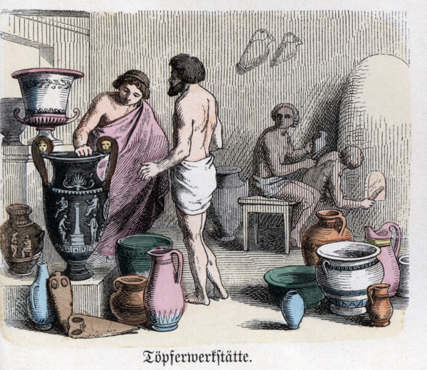 Ancient History. Greece. Pottery workshop, manufacturing of amphorae. German engraving, 1865.