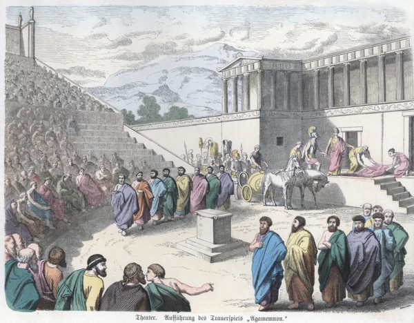 Ancient History. Greece. Theatre, representation of Agamemnon. German engraving, 1865.