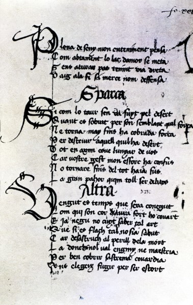 Manuscript by Ausias March, folio XXIX, XXVIII poems, Gothic writing with ornamented initials wit?