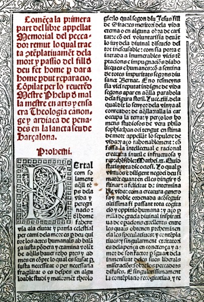 Memorial of remut sinner' incunabula (Barcelona 1495), cover of the first part (prohemi).