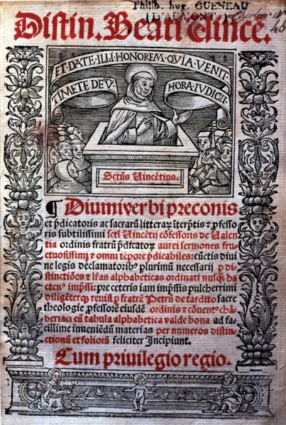 Sermons of St. Vincent Ferrer, cover of the Latin edition printed in Lugduni (Leyden) in 1523.