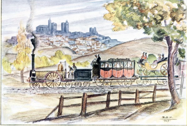 The inaugural train of the line from Madrid to Zaragoza in 1859, passing by Siguenza, drawing by ?