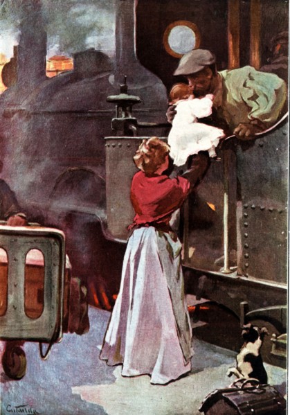 The engineer's goodbye in the train station of Madrid, drawing by Vicente Cutanda.