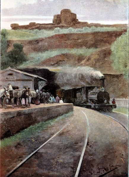Landscapes of Seville, Panaderos train station, drawing by Garcia y Rodriguez, 1903.