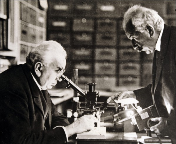 Louis and Auguste Lumière (1864-1948 and 1862-1954), French chemists and biologists in their labo?