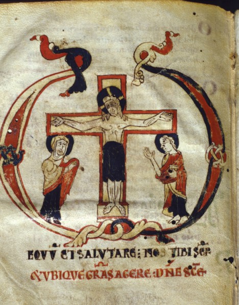 Crucifixion. Miniature in the 'Missale parvum', manuscript on parchment, c. 1075 - 1100.