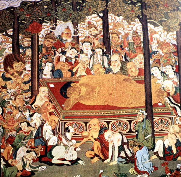 Buddha on his deathbed surrounded by his disciples and animals expressing their pain. Painting, c?