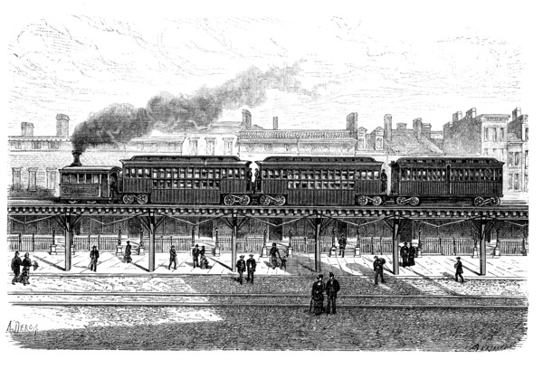Overhead railway, circulating by the Third Avenue in New-York, engraving 1872.