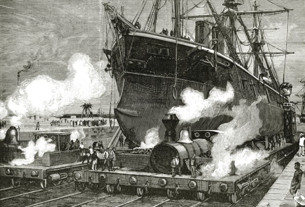 Railway towing a boat across the Isthmus of Panama, engraving 1881.