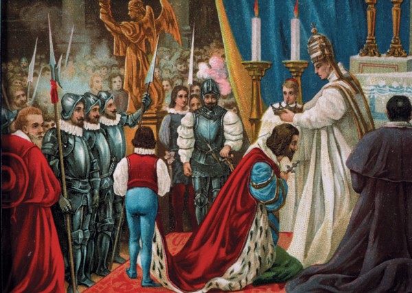 Drawing of the coronation as emperor by Pope Clemente VII in 1529. Charles V (1500-1558) King of ?