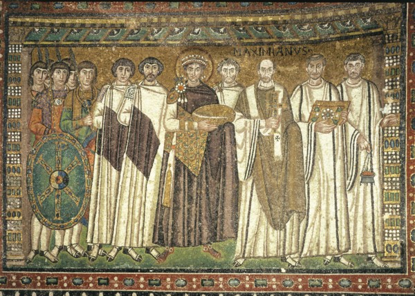 Justinian and his entourage', Mosaic Church of San Vitale in Ravenna.