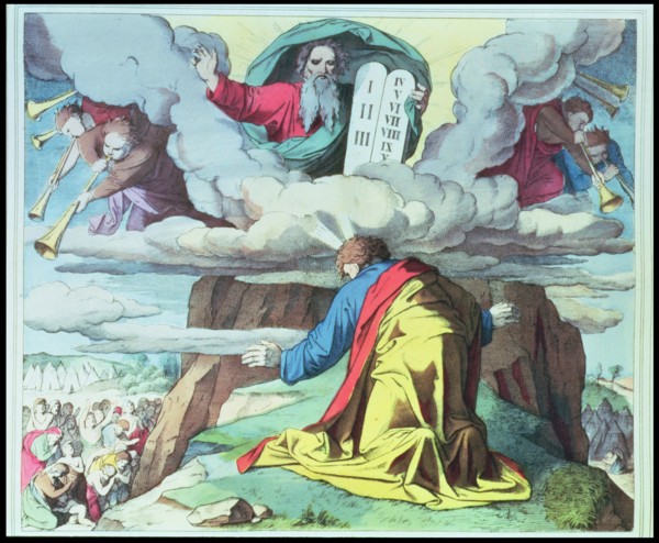 God gives Moses the Ten Commandments on Mount Sinai, engraving, 1860.