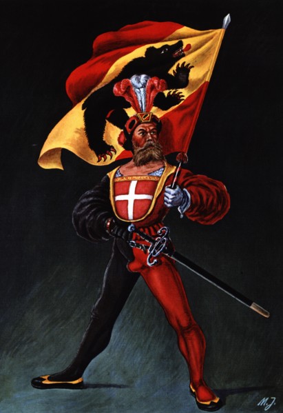 Flag bearer from the canton of Berna, c. 1510. Color engraving from 1943, published by Editions F?