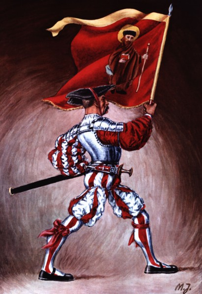 Flag bearer from the canton of Glaris, c. 1510. Color engraving from 1943, published by Editions ?
