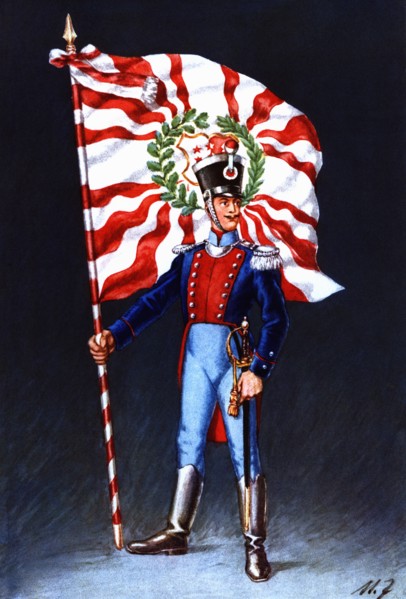 Flag bearer from the canton of Valais, c. 1819. Color engraving from 1943, published by Editions ?