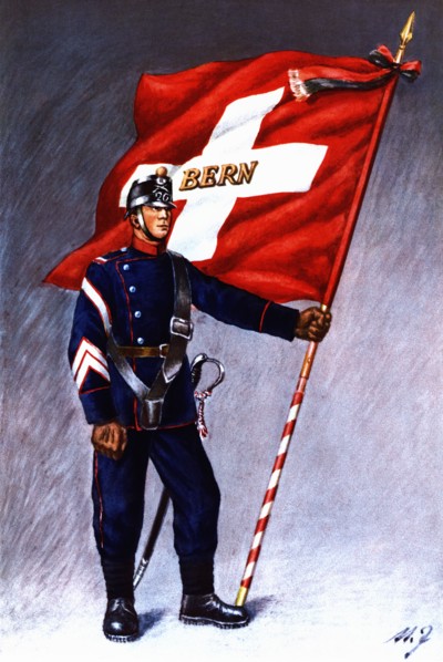 Flag bearer from the canton of Berna, c, 1912. Color engraving from 1943, published by Editions F?