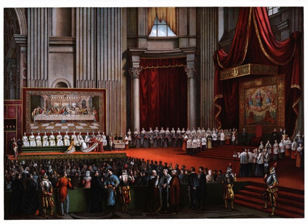 Pontifical ceremonies. Cardinals pedilavium, color engraving, 1871.