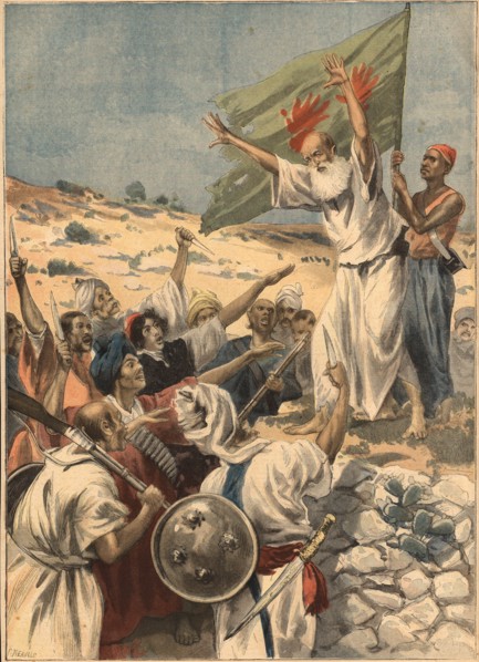 Uprising in India against British domination,  prophet preachint to the people the holy war, engr?