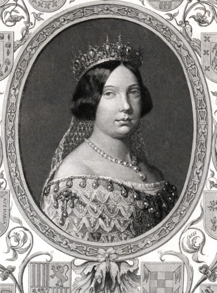 Elizabeth II (1830-1904), Queen of Spain, surrounded by the arms of the first nobility.
