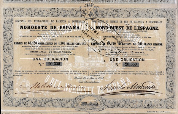 Bond of 1900 reales to the 3% of the Compañía del Ferrocarril de Palencia a Ponferrada (Railway C?