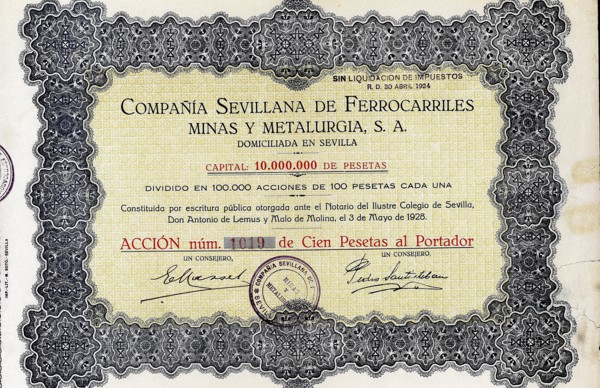 Action of 100 pesetas of the Compañía Sevillana de ferrocarriles, minas y metalurgia, S.A., Sevil?