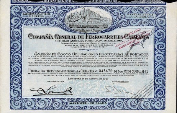 Obligation of 500 pesetas of the Compañía General de Ferrocarriles Catalanes, S.A., at 6%, Barcel?