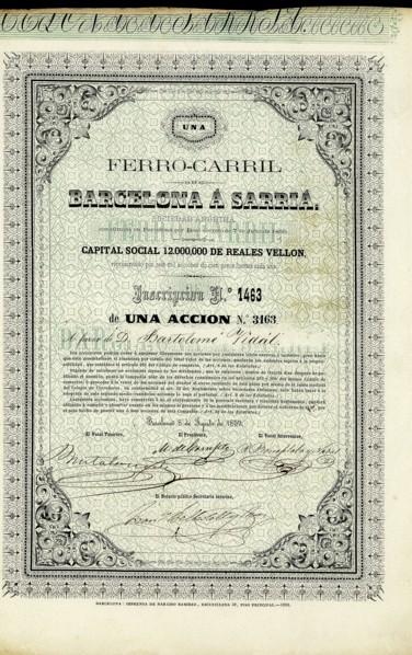 100 Pesos share from the Ferrocarril de Barcelona a Sarria, ??SA, Barcelona August 8, 1859.