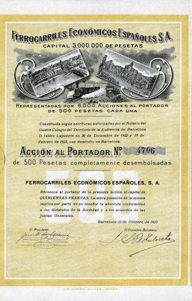 500 pesetas share from the Ferrocarriles Económicos Españoles, S.A., from Girona to Palamos, Barc?
