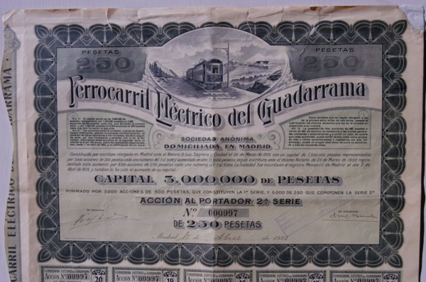 250 pesetas share from the Ferrocarril Eléctrico del Guadarrama, SA, Madrid April 1, 1923.