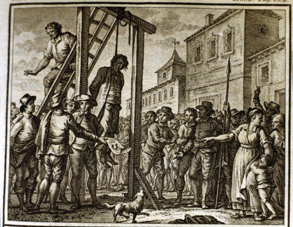 Hanging the Governor by settlers during the French occupation (1650), engraving, 1807.