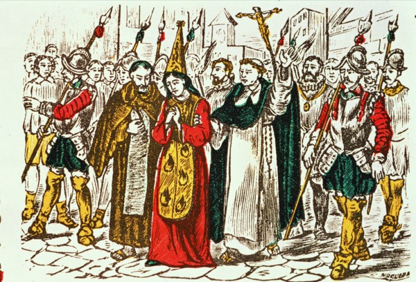 Auto-da-fe, a woman accused of heresy walks towards death in the streets of Barcelona, drawing in?